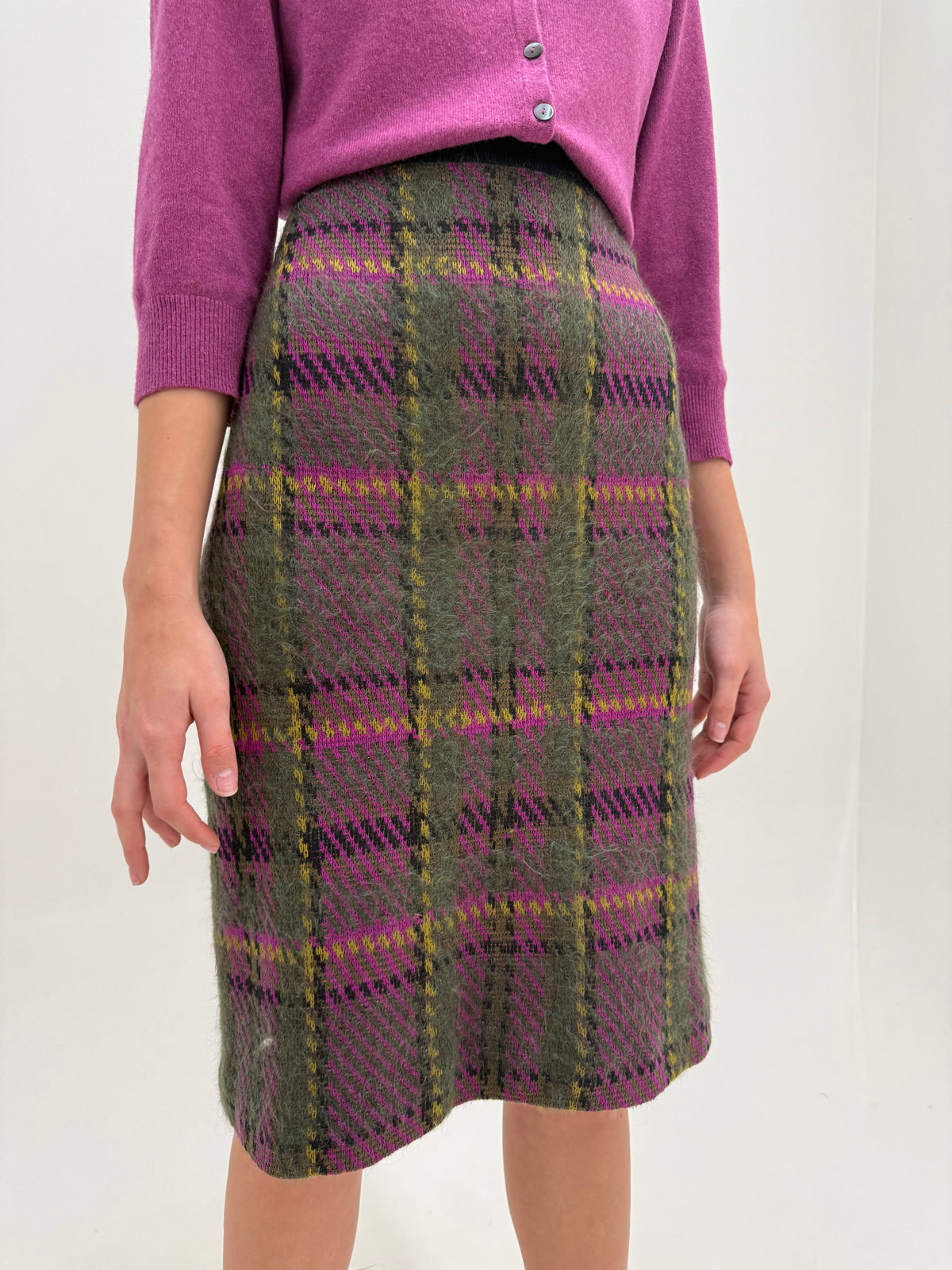 Fustă vintage italiană midi din tricot gros cu print tweed de lana extrafina densa midi