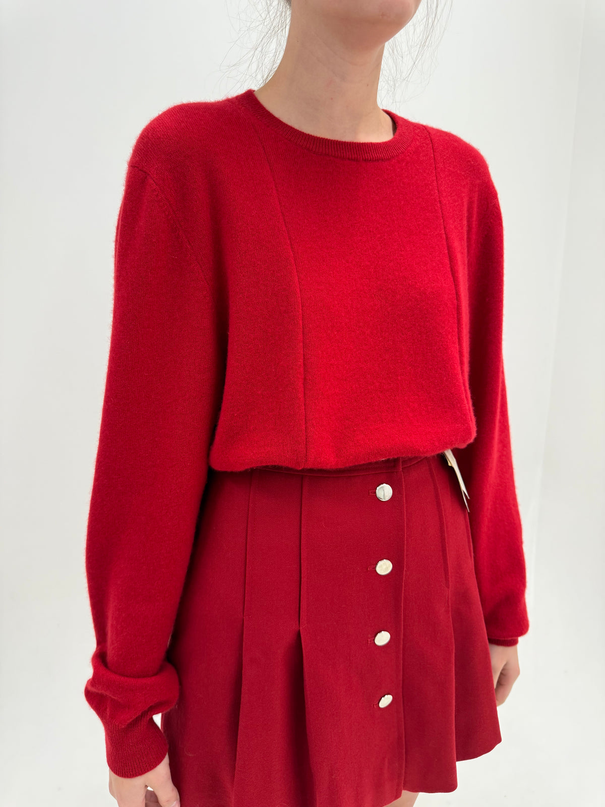 Pulover din cașmir dark cherry red crew neck