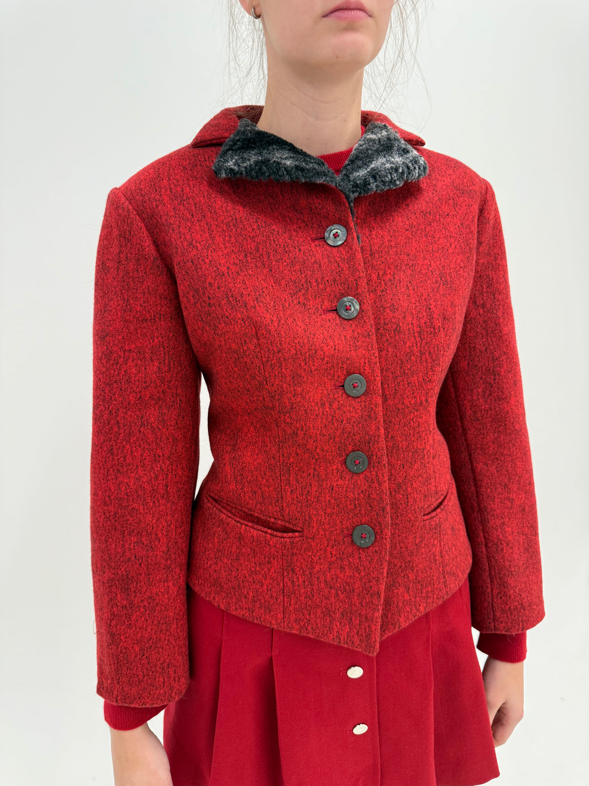 Jacheta vintage groasă de brand luxury din stofă melanj dark cherry red