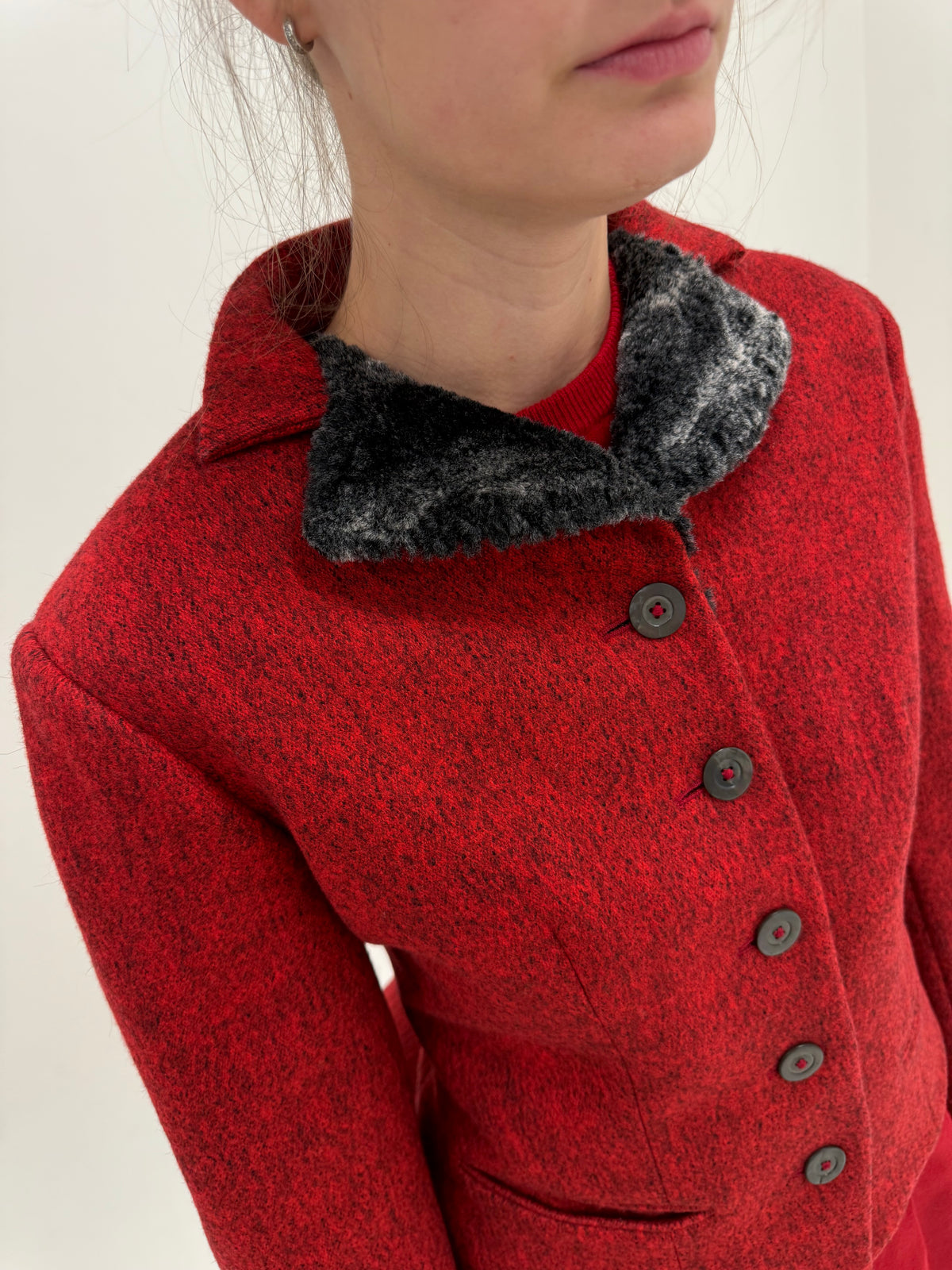 Jacheta vintage groasă de brand luxury din stofă melanj dark cherry red