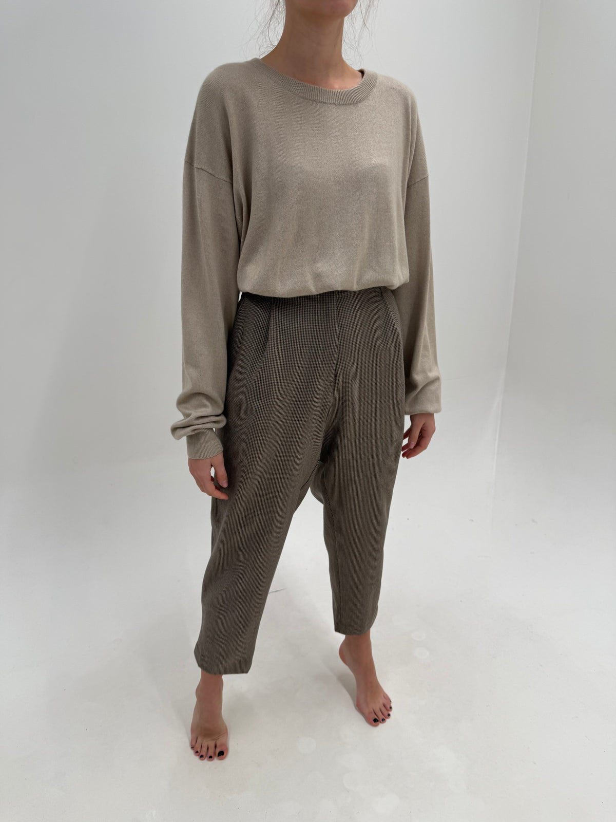 Pantaloni camel din stofă groasă de lana extrafina confort pied de coq cu chocolate brown