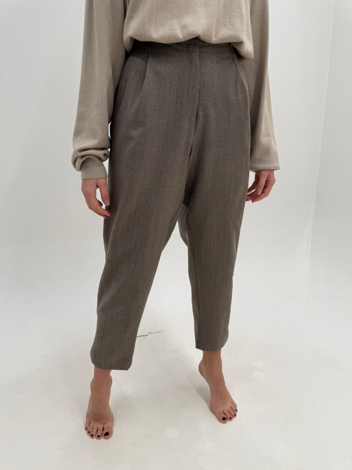 Pantaloni camel din stofă groasă de lana extrafina confort pied de coq cu chocolate brown