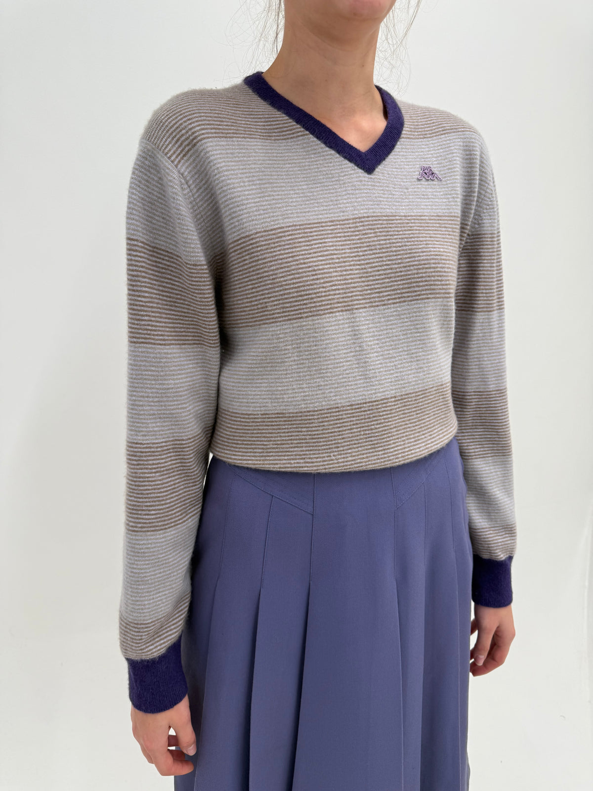 Pulover italian în dungi taupe din lana merino extrafina cu cașmir