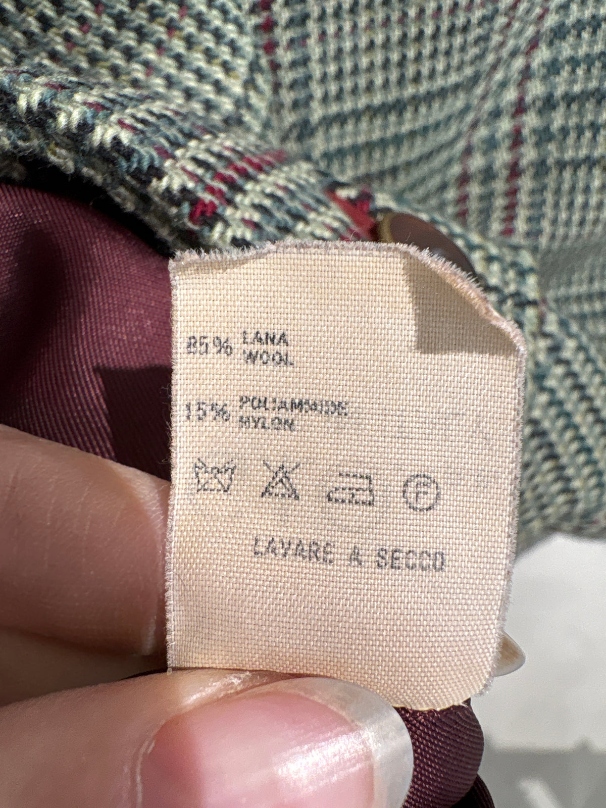 Sacou vintage italian din tweed de lână plin Prince of Wales cu burgundy