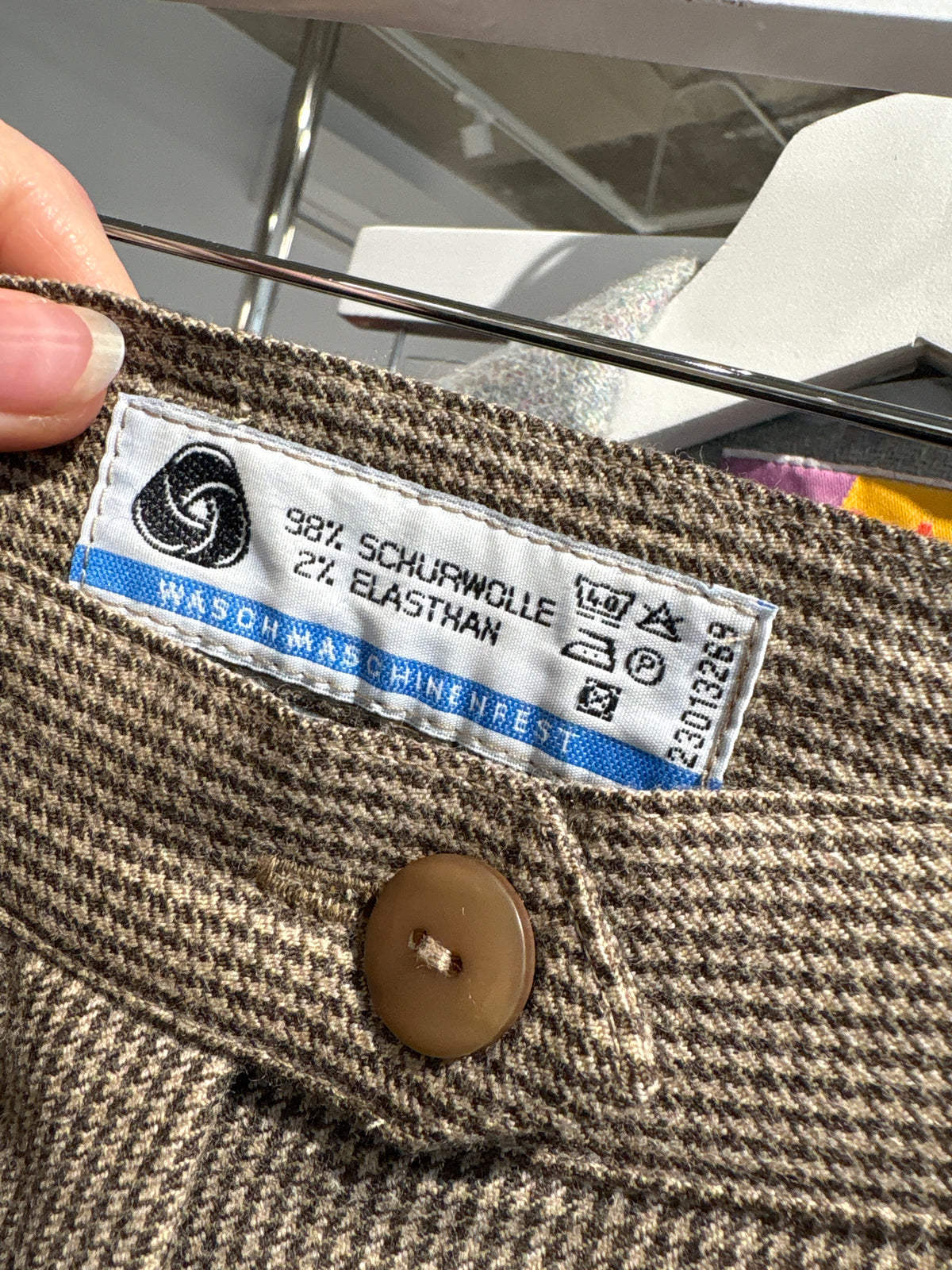 Pantaloni camel din stofă groasă de lana extrafina confort pied de coq cu chocolate brown
