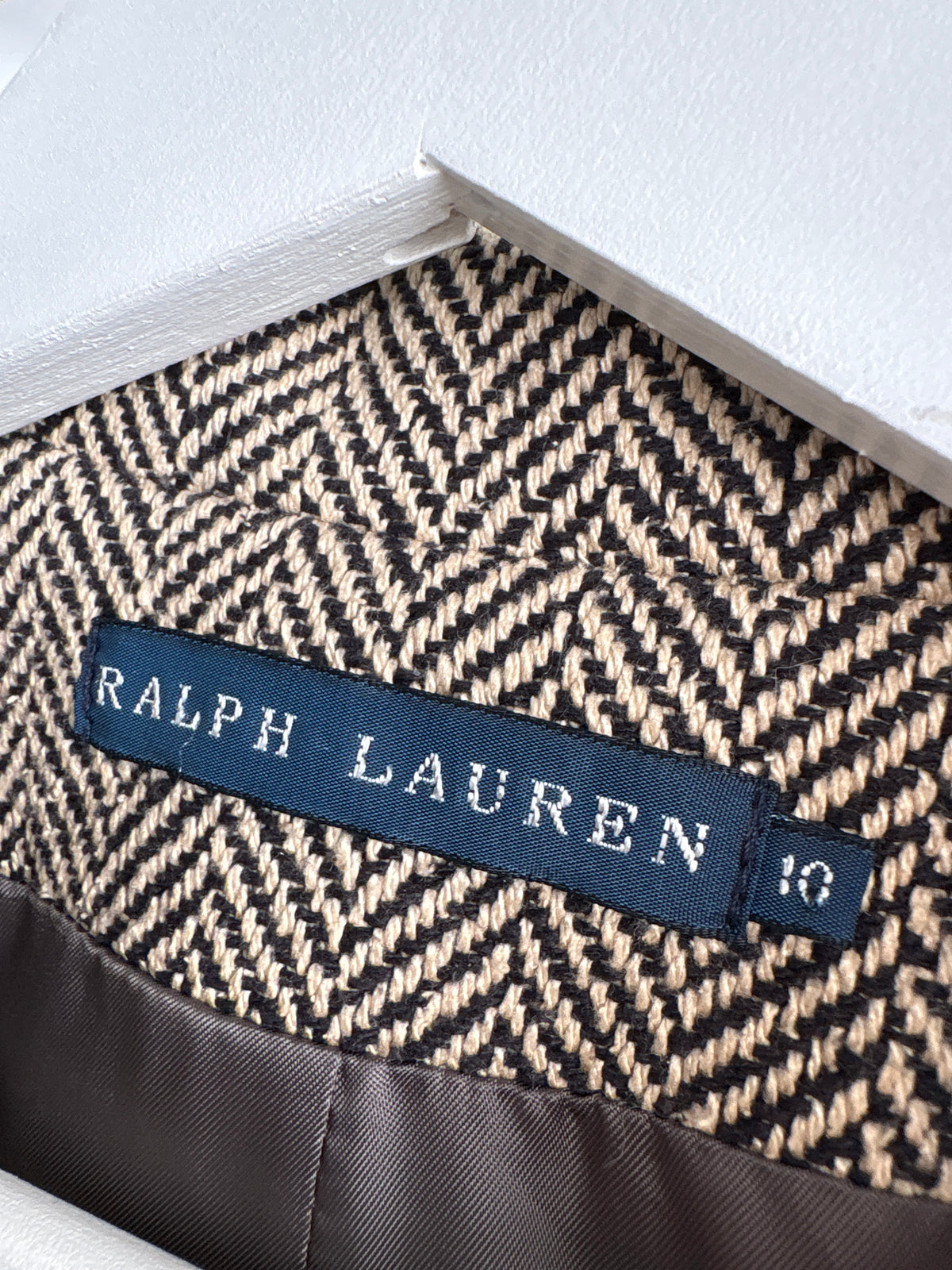 Sacou Ralph Lauren (main label) Preston Herringbone din tweed gros camel 100% mătase naturală